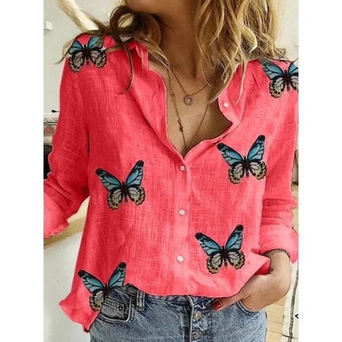 Darringls Chemisier En Lin Pour Femme - Élégant Et Imprimé Papillon