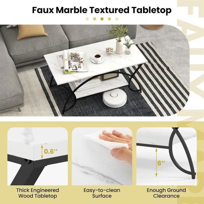 GOPLUS Table Basse Marbré Faux à 2 Niveaux,avec Dessus Spacieux et Étagère de Rangement Style Moderne pour Salon Bureau Chambre Charge 60KG,105x55x46,5CM (Noir
