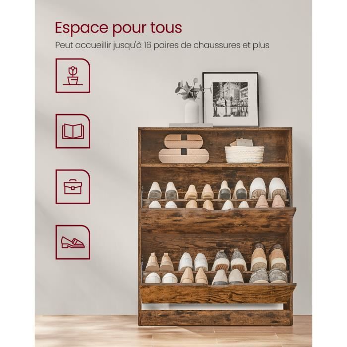 Meuble à Chaussures VASAGLE 2 Portes Battantes 16 Paires Marron