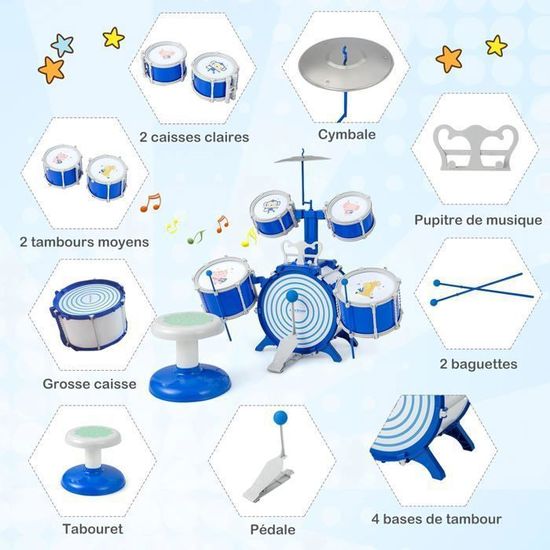 Batterie Jazz Pour Enfants Avec Tabouret - Kit Percussion Musical Éducatif Bleu Complet Pour Développer Rythme Et Créativité