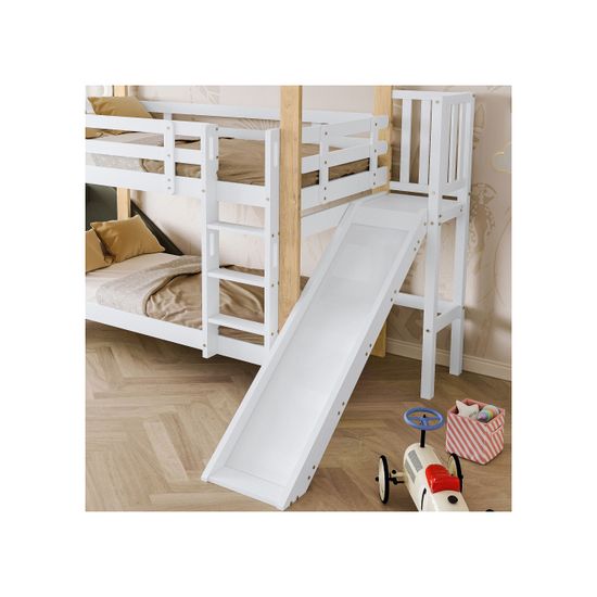 Lit Superposé Enfant 90x200 Cm Avec Toboggan Et Escalier, Bois Blanc Certifie 747 Protection Antichute Sans Matelas 92402873