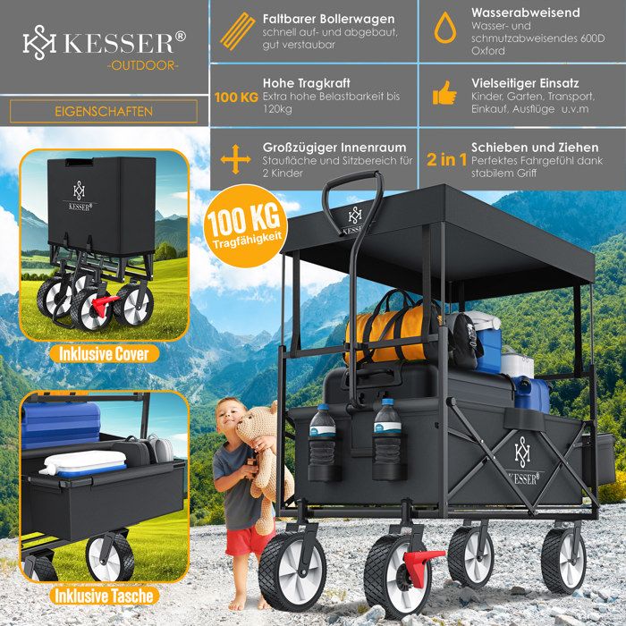 Chariot De Transport Pliable KESSER GTS-9100 – 150 Kg, Pneus Caoutchouc, Freins, Toit UV/pluie – 2-en-1