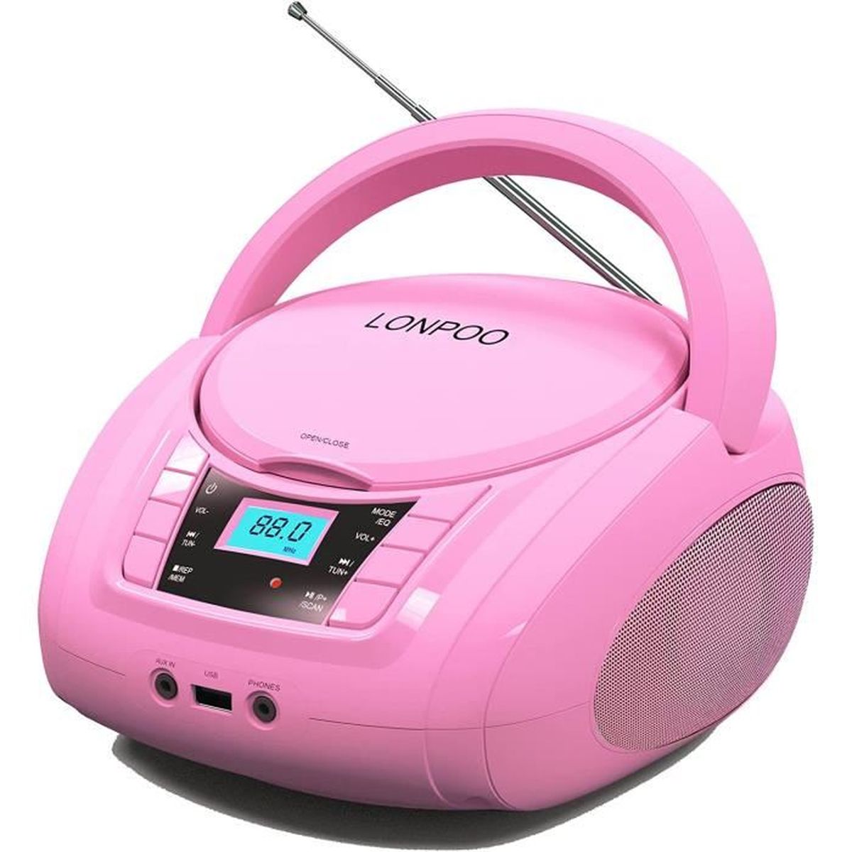 Lecteur CD Portable pour Enfants FM Radio CD Boombox avec Bluetooth, entrée USB, Port AUX et