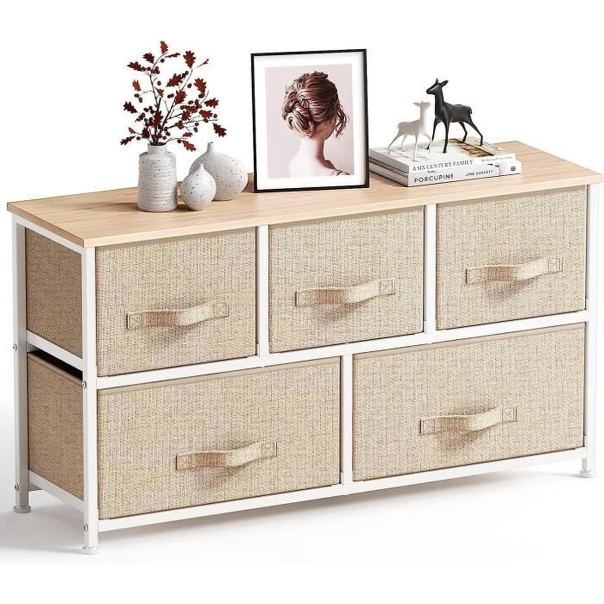 Commode Avec 6 Tiroirs Meuble De Rangement Avec Tiroirs En Tissu Poignées Et Structure En Acier Pour Chambre Salon - 4