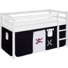 BRAND Lit surélevé ludique JELLE 90 x 190 cm Pirate noir blanc laqué - avec rideaux - LILOKIDS - blanc laqué