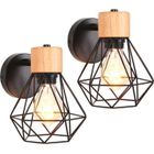 TOKIUS 2 Packs Applique Murale Industrielle Intérieure Design Cage en Métal Bois Luminaire E27 Rétro pour Chambre Couloir Salon