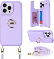 Coque iPhone 13 Pro Max avec cordon, porte-carte, anneau béquille, housse collier pour femmes - Violet