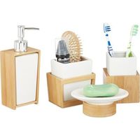 Relaxdays Accessoires salle de bain bambou céramique Set 4 pièces distributeur savon gobelet brosse à dent, nature blanc