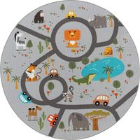 the carpet Happy Life - Tapis de jeu pour chambre d'enfant avec des animaux de la jungle mignons, gris, 200 x 200 cm rounde