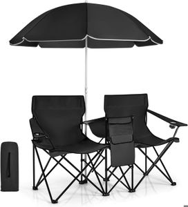 CHAISE DE CAMPING GIANTEX 2 Chaises de Camping Pliantes avec Parasol- avec Porte-Gobelet et Poche Isotherme- Fauteuil de Jardin Portable- Noir