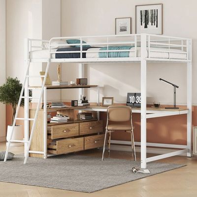 Lit Mezzanine 90x200 Avec Bureau, Lit Enfant Avec étagères Et Armoire Niches De Rangement Multiples Structure Gain De Place Bois Blanc Bubbly