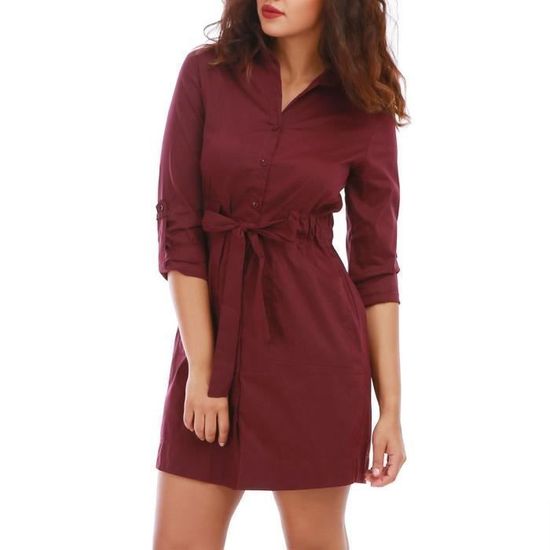 Robe chemise bordeaux avec ceinture S Rouge Cdiscount Pret a Porter