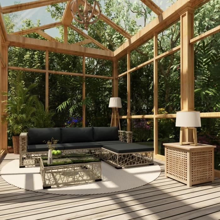 ETO☋ Salon de jardin 5 pcs avec coussins Résine tressée Gris résistante aux intempéries