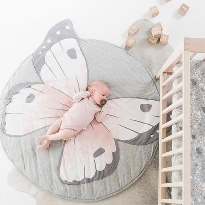 GRIS Tapis d'Éveil Papillon Tapis de Jeu Pour Bébé Tapis Rond en Coton Doux Décoration de Salle