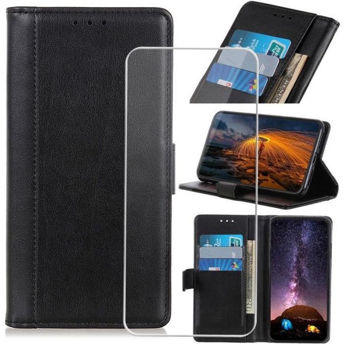 verre trempé +étui pour Wiko Y51 Housse portefeuille Silicone fonction support Noir