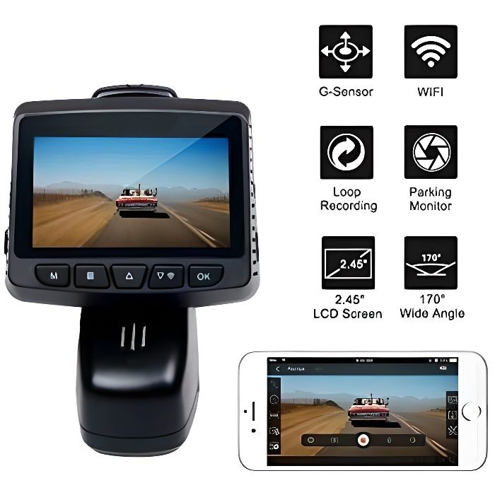Caméra de Voiture GPS WiFi Grand Angle de 170° Caméra Embarquée Full HD 1080P, Dashcam Voiture Avec Objectif Réglable Écran 2.45 P