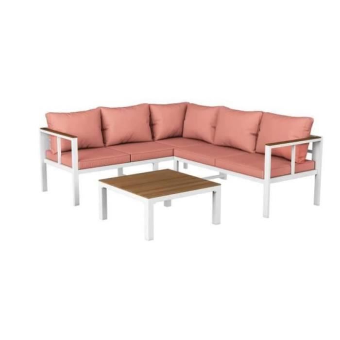 BEAU RIVAGE Salon de jardin SAMARA 5 places en aluminium et poly-wood tissu corail et sa housse de protection