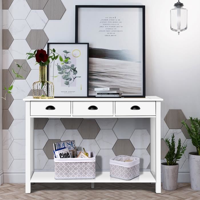 COSTWAY Table de Console avec 3 Tiroirs en Bois Table d’Entrée pour Salon, Entrée, Couloir, 120 x 39,5 x 81 CM Blanc