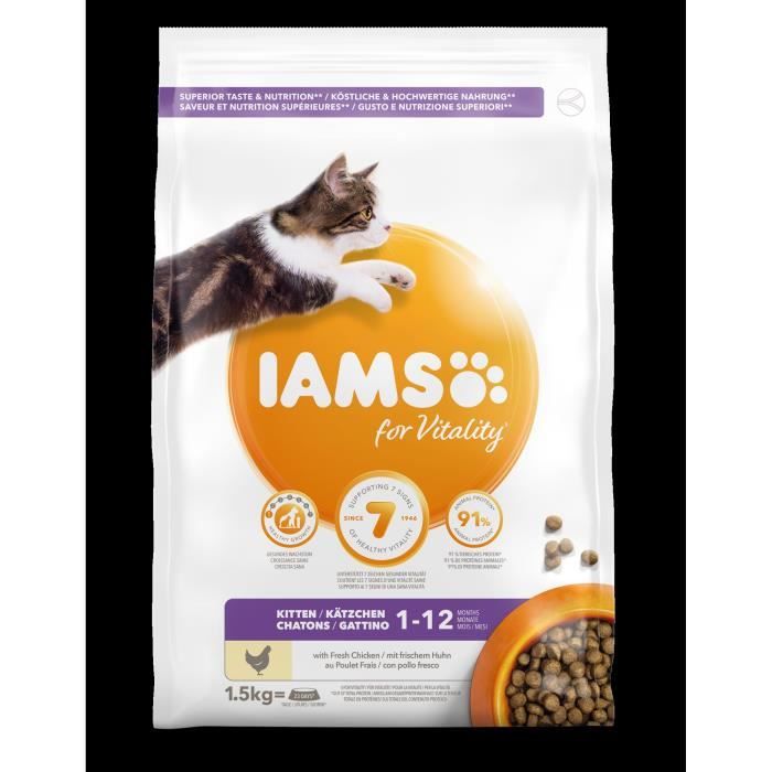 IAMS Vitality Croquettes super premium chatons - Complètes équilibrées - Favorise Croissance - Au poulet frais – Sans OGM - 1,5 kg
