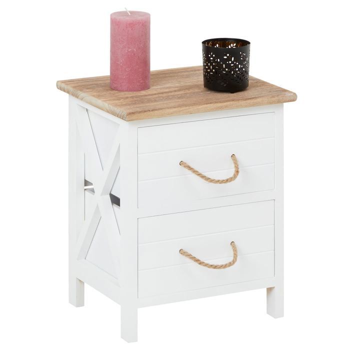Table de chevet PERUGIA table de nuit 2 tiroirs en bois de paulownia style shabby chic vintage rustique campagnard blanc