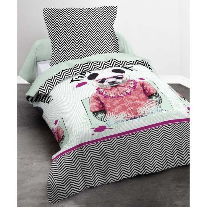 TODAY HAPPY Parure de couette Panda 100% coton - 1 housse de couette 140x200cm + 1 taie 63x63cm blanc, noir et rose