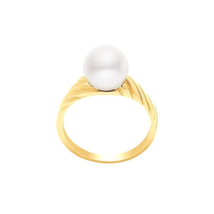 Bague Jonc Godronnée - Véritable Perle de Culture d' Eau Douce - En Or