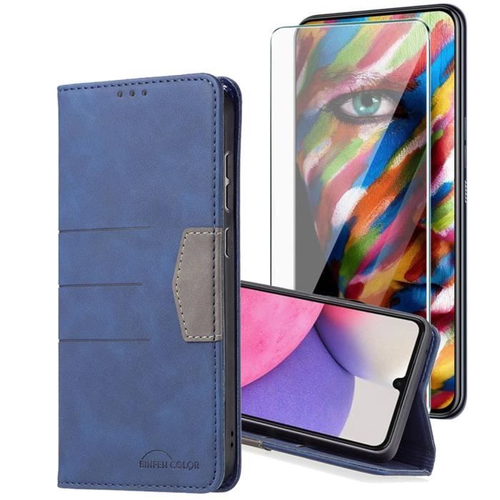 Verre trempé+Housse Compatible avec Samsung Galaxy A32 5G 6.5-,Antichoc Housse en Cuir Premium Flip Etui Portefeuille,bleu