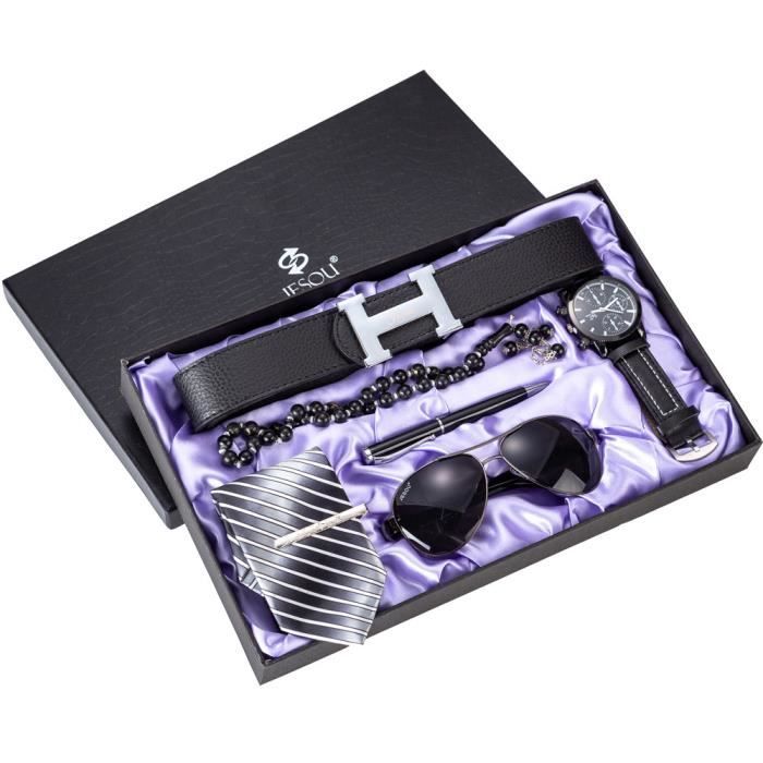 Coffret montre homme + ceinture + cravate + lunettes de soleil homme + stylo bracelet chapelet - cadeau d'anniversaire