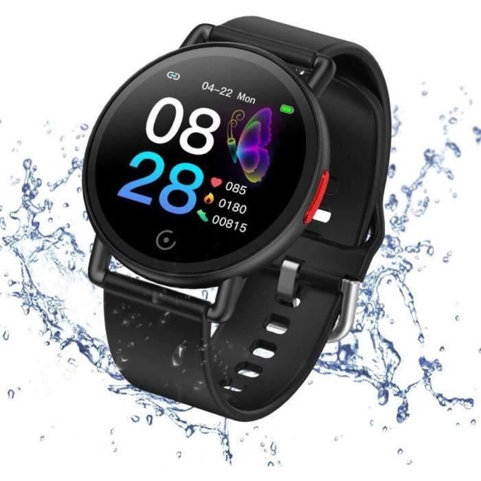 Montre Connectée pour Homme Femmes Enfants avec IP68 Podometre Cardiofréquencemètre Montre de Sommeil Android iPhone-Noir