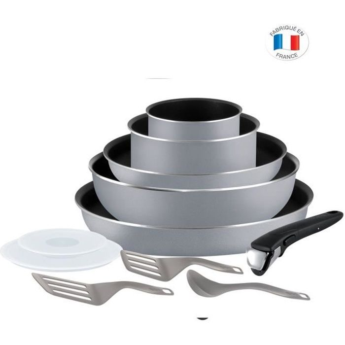 TEFAL L2149902 Ingenio Essential Batterie de cuisine 11 p, Tous feux sauf induction + four, Poignée amovible, Fabriqué en France