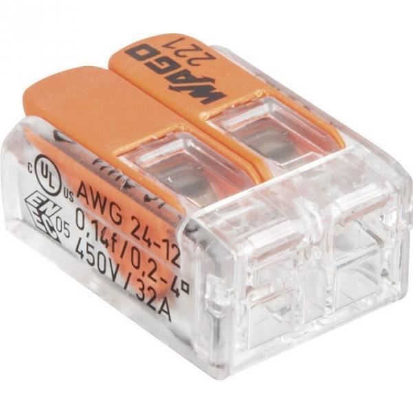 Mini borne de connexion à levier 2 fils - Série 221 - Vendu par 100 - Wago