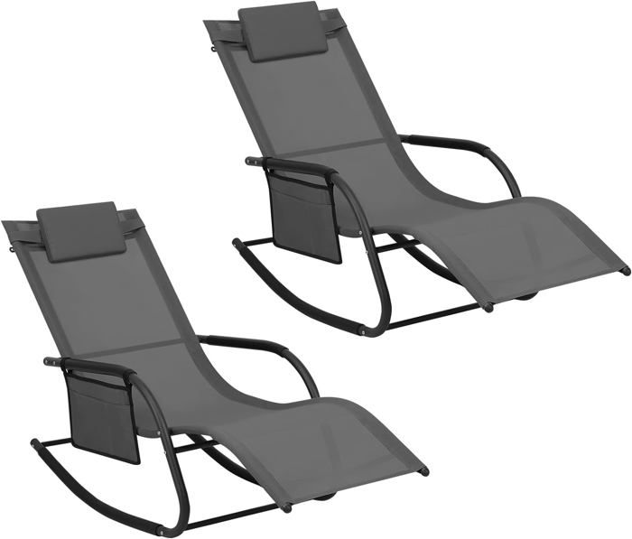 WOLTU Bain de Soleil Jardin Exterieur Lot de 2 Chaise Longue Jardin Fauteuil à Bascule Transat de Jardin Gris W0ETT0158-2