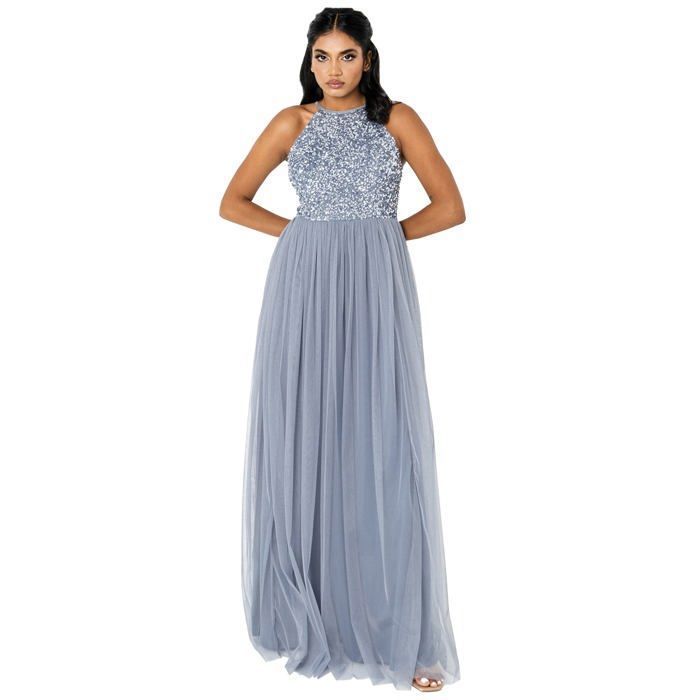 Vestido De Noche Largo Con Lentejuelas Maya Deluxe - Cuello Halter, Falda De Tul, Color Verde Lirio