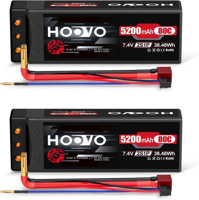 2 Batteries Lipo 4S 5200mAh 80C Avec Connecteur XT90 - 14.8V - Pour Voiture RC 1/10, 1/8, Drone, FPV