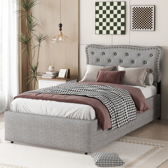 Lit adulte Lit plat 90x200 cm lit rembourré tapisserie de chevet avec rivets décoratifs double tiroirs Gris