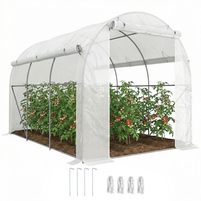 Serre de jardin - Outsunny - 1 porte + 2 parois latérales zippées enroulables 6 fenêtres - dim. 3 x 2 m - acier PE - blanc