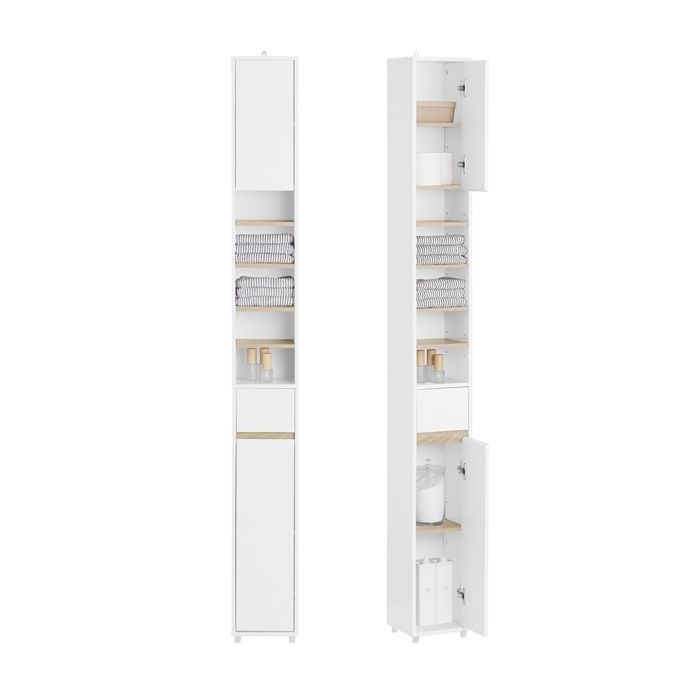 SoBuy Colonne de Salle de Bain Étroite Blanc Mat–Étagères Réglables + Tiroir Gain de Place 20x20x180cm