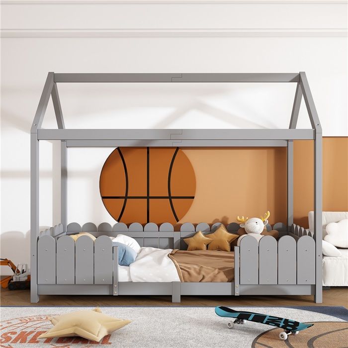 Lit Enfant 90 X 200cm Pour Garçons Et Filles - Avec Dispositif Anti - Chute Et Cadre À Lattes – Gris (sans Matelas)