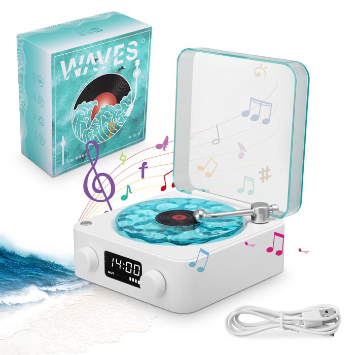 Waves Vinyl Player Haut-Parleur Bluetooth avec Bruit Blanc et Effet Lumineux des Vagues deau 4 Sons Naturels chambre bureau