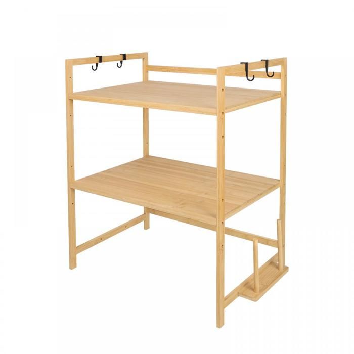 Étagère Micro-Ondes Bambou 2 Niveaux - Support Rangement Cuisine 52x30x35cm - Avec Crochets Et Planche