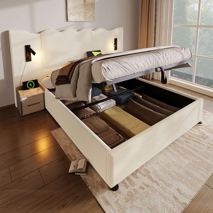 Lit Double Rembourré 180x200 cm avec Table de Nuit et Lampe et USB-C Lit Coffre avec Sommier Bois Massif Beige-Blanc Velours