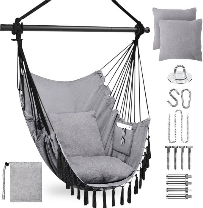 Fauteuil Suspendu Avec 2 Coussins - Hamac Balançoire Intérieur/extérieur - Support 150 Kg - Poche Latérale
