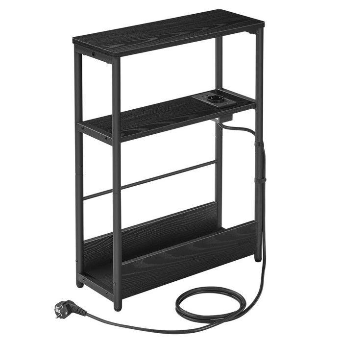 Table dAppoint Fine avec Multiprise pour Petits Espaces Porte-Magazines Salon Chambre Bureau Noir Boisé et Noir dencre