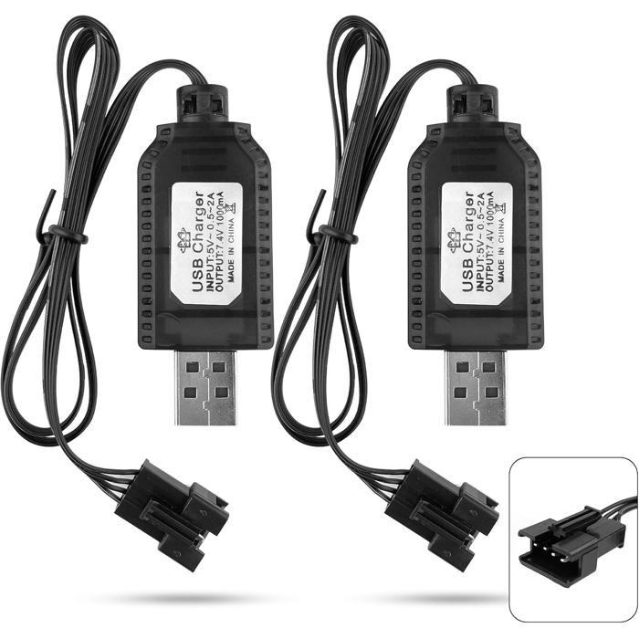 Lot de 2 Chargeurs USB Universels pour Batteries LiPo 7 4V 2S – 4PIN SM-4P – Compatibles Voiture/Drone/Bateau RC