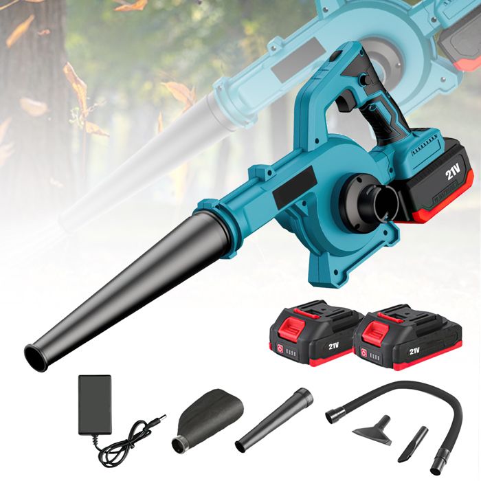 Souffleur De Feuilles Sans Fil 21V – 2 Batteries 2,5 Ah, 3 Buses – 40000 Tr/min, 15 M³/min, 0,65 Kg – Pour Jardin, Terrasse, Voiture, Camping