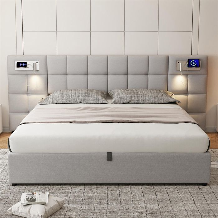 Lit adulte - YEHTOKHOME - Coffre hydraulique 180x200 cm - Port USB & recharge sans fil - Tête de lit rembourrée PU gris