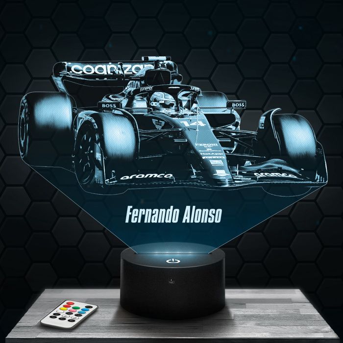 Lampe 3D - Fernando Alonso Aston Martin - Accessoire Figurine Cadeau Fernando Alonso - Veilleuse Led Tactile avec socle au choix