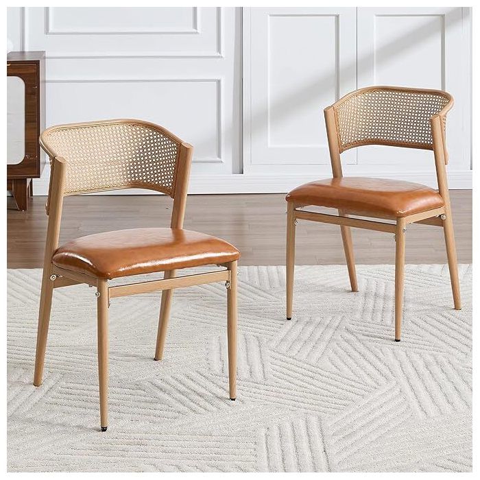 chairus Chaise de Salle à Manger Lot de 2 Chaise Salle à Manger Vintage Chaise de Cuisine en Rotin avec Pied Bois Marron Cuir PU