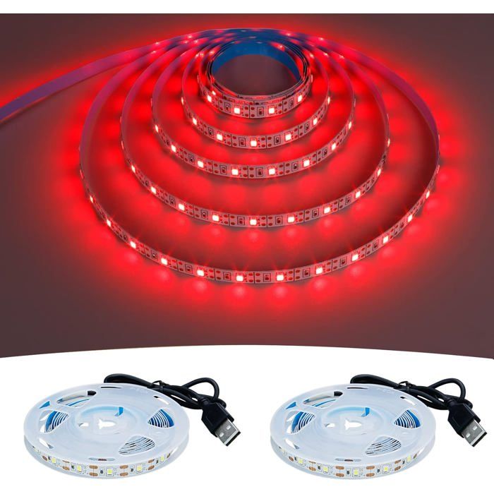 Bande LED USB 5V rouge 6000K 4 m (2 pièces) flexible SMD2835 haute luminosité non étanche IP20