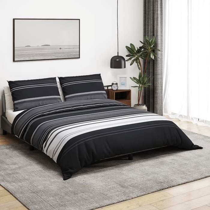 Ensemble de housse de couette en coton - vidaxl - 260x240 cm - Rayures noires - Résistance aux froissures